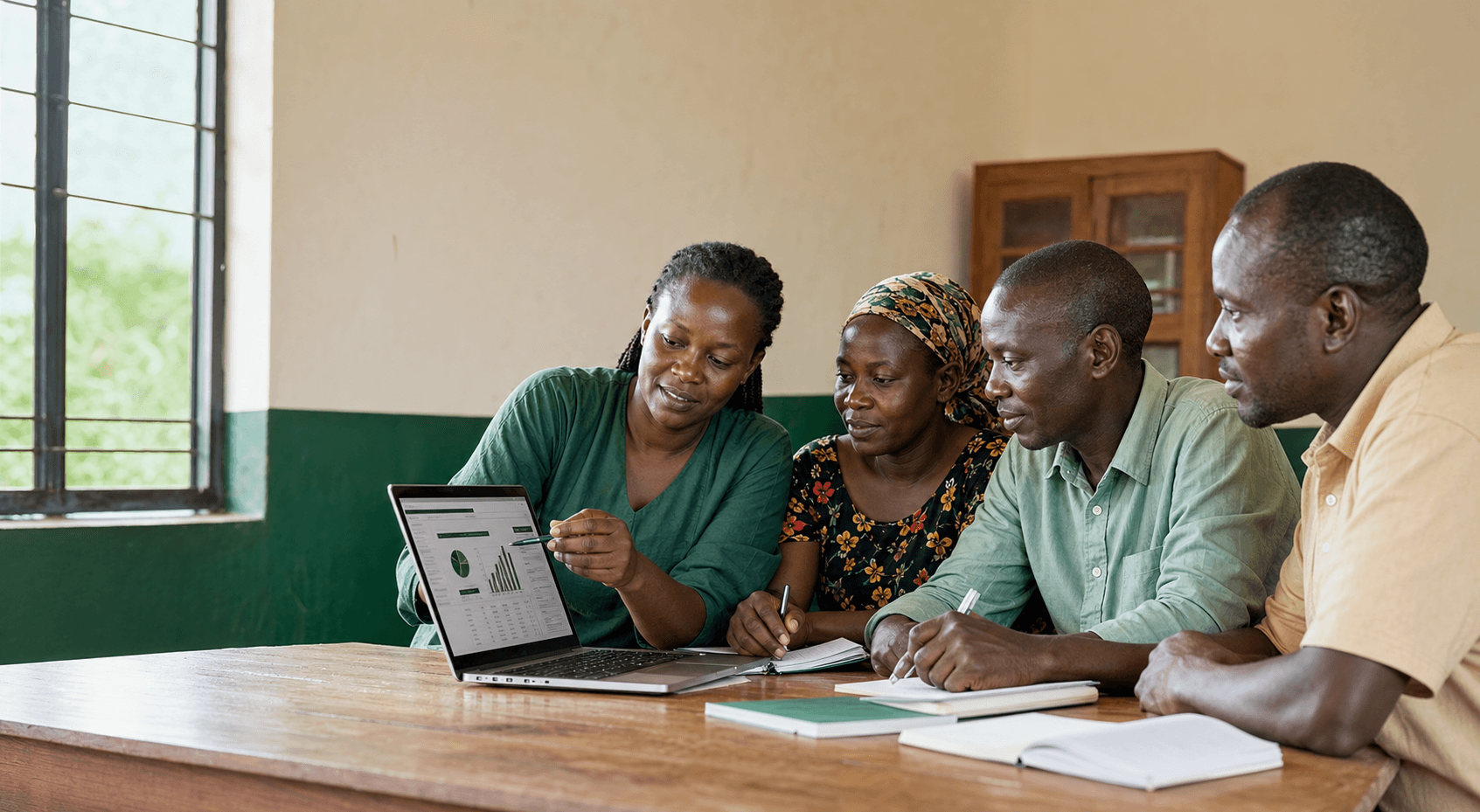 Four community organization leaders reviewing records together around a laptop